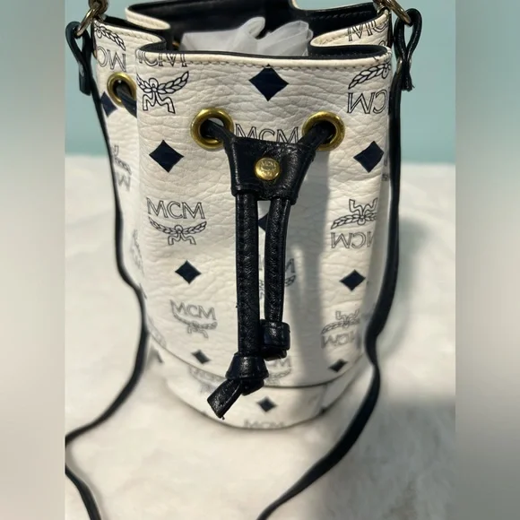 MCM white and blue mini bucket. Authentic and pre-owned